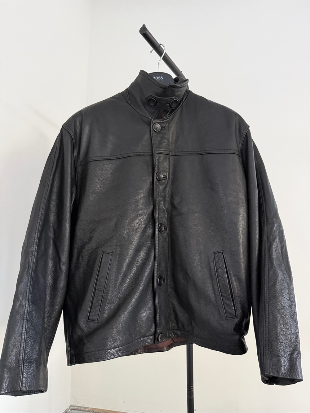 Authentic vintage Danier Black Leather Bomber Jacket with removable Stand Collar